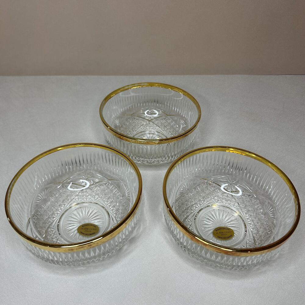 Vintage Italian Blown Crystal Dessert Bowls 24K Gold Trim - Set of 3